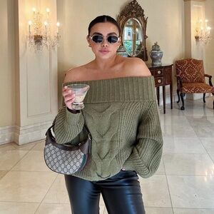 Off-the-Shoulder Olive Cable Knit Sweater for Women